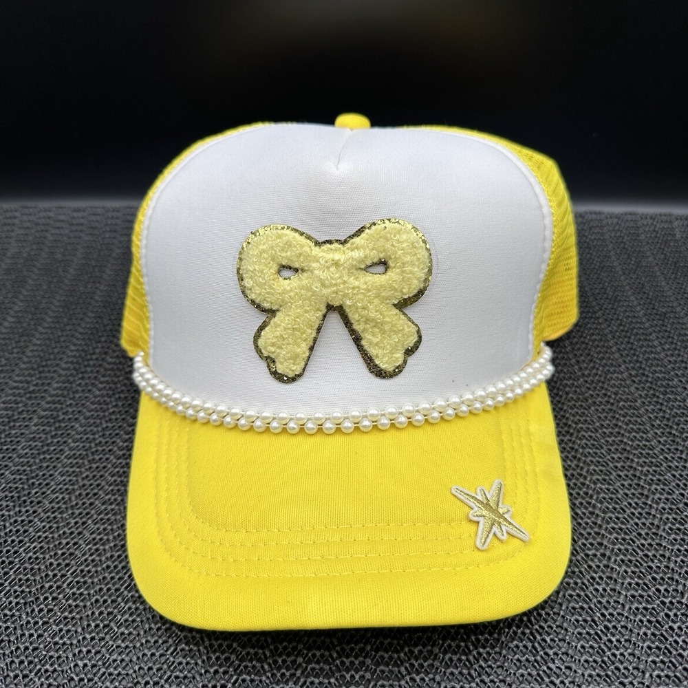 Yellow Softball Cap Trucker Hat Mesh SnapBack Pearls Embellished